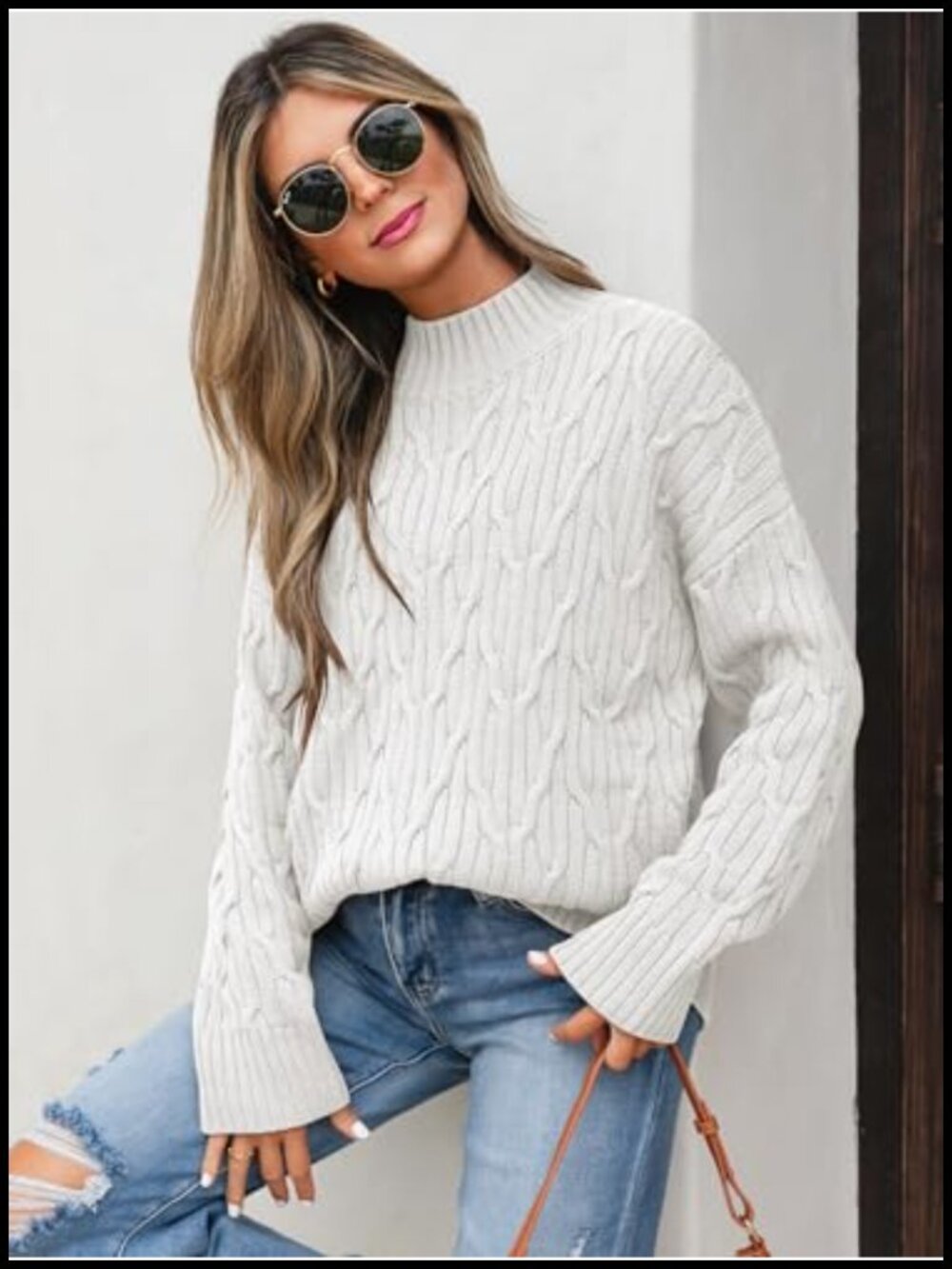 Women's Mock Neck Cable Knit Sweater 100% Acrylic Chunky Pullover - Picture 4 of 6